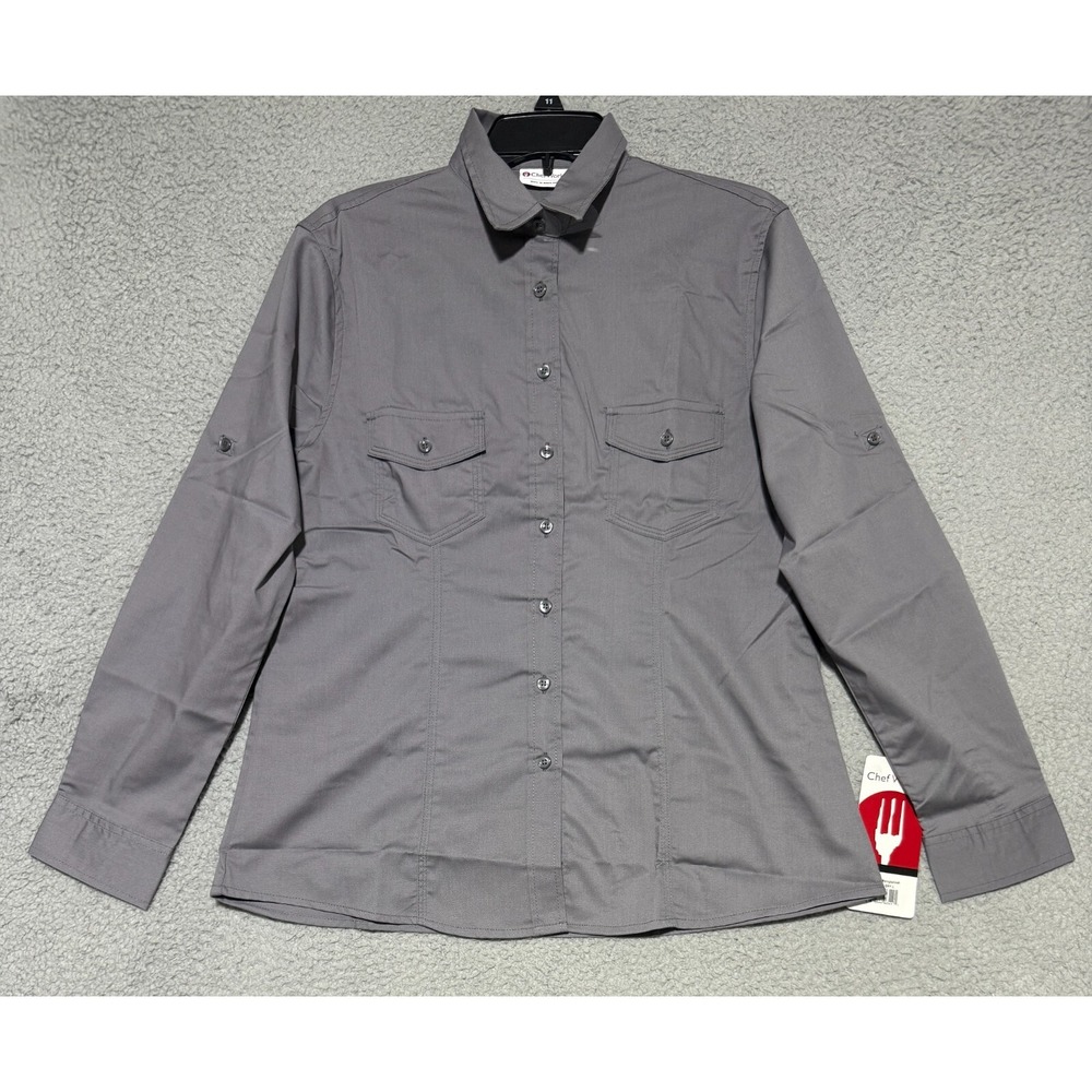 Chefworks button up long sleeve Gray shirt Womens Size Large NEW